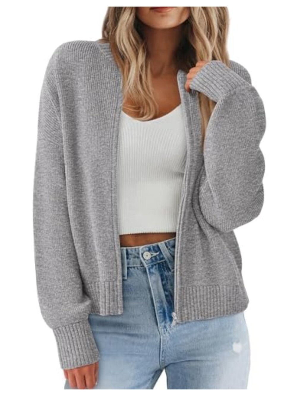Women's Chunky Knit Zip Up Cardigan Long Sleeve Open Front Sweater